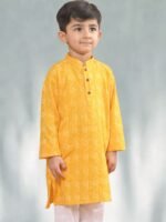 Boys Yellow Woven Design Mandarin Collar Straight Kurta - Image 4