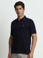 Men Navy Blue Pure Cotton Solid Polo Collar T-shirt - Image 4