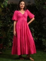 Women Checked Cotton Fit & Flare Maxi Dresses