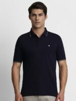 Men Navy Blue Pure Cotton Solid Polo Collar T-shirt