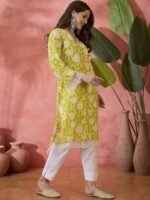 Black Floral Printed V-Neck Thread Work Pure Cotton Straight Kurta - Image 6