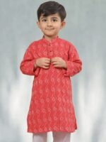 Boys Red & White Floral Printed Mandarin Collar Pure Cotton Straight Kurta