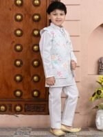 Boys Band Collar Straight Kurta With Pyjamas And Jacket - Image 6