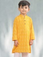 Boys Yellow Woven Design Mandarin Collar Straight Kurta