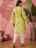 Black Floral Printed V-Neck Thread Work Pure Cotton Straight Kurta - Image 2