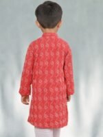 Boys Red & White Floral Printed Mandarin Collar Pure Cotton Straight Kurta - Image 2