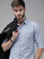 The Lifestyle Co Men Light Blue Solid Regular Fit Chambray Casual Shirt - Image 3